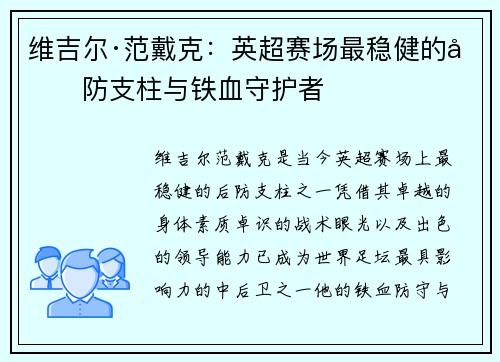 维吉尔·范戴克：英超赛场最稳健的后防支柱与铁血守护者