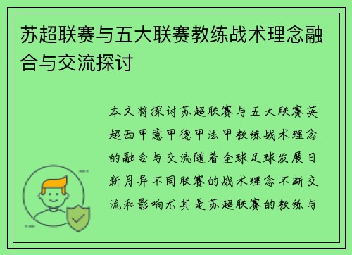 苏超联赛与五大联赛教练战术理念融合与交流探讨